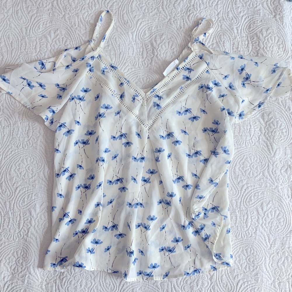 off shoulder silky blue floral shirt